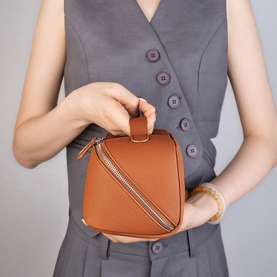 Textured Genuine Leather Top-Zip Vanity Clutch Bag