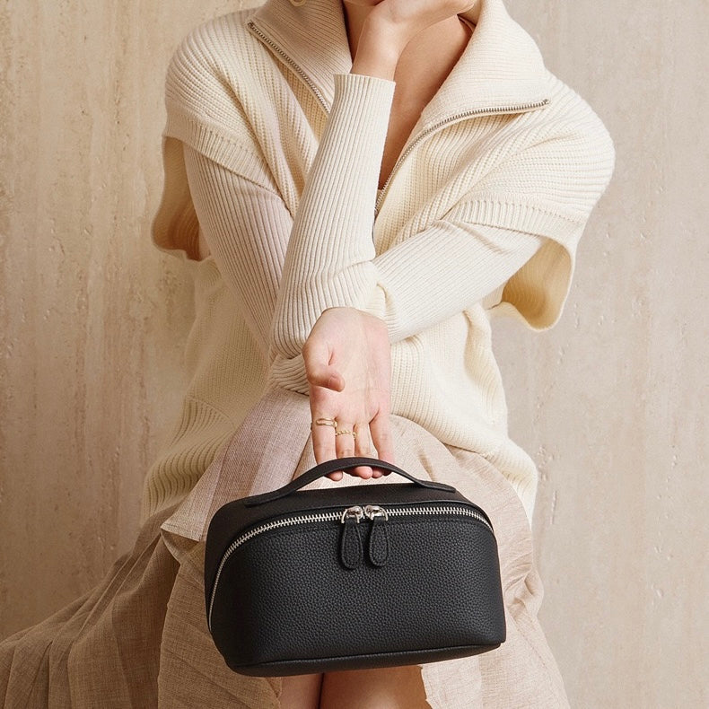 Textured Genuine Leather Top-Zip Vanity Clutch Bag