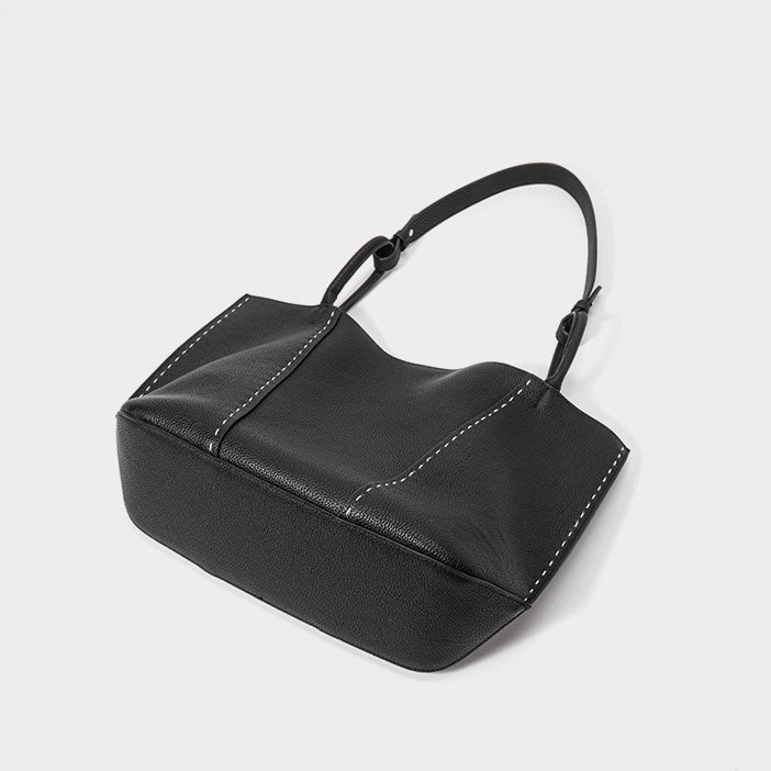 Contrast-Stitch Textured Genuine Leather Tote Bag