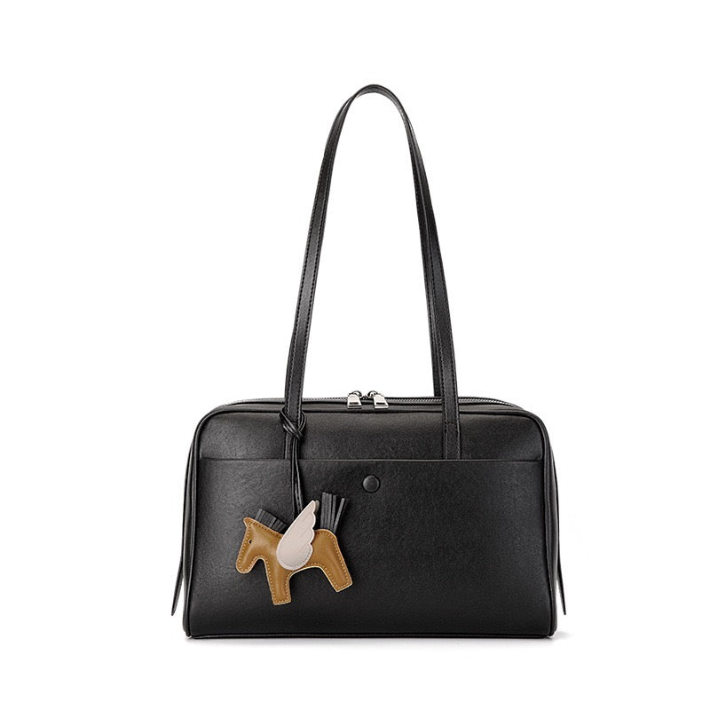 Elegant Minimalist Genuine Leather Bag - Vintage Boston Shoulder Tote with Charm
