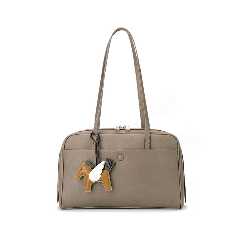 Elegant Minimalist Genuine Leather Bag - Vintage Boston Shoulder Tote with Charm