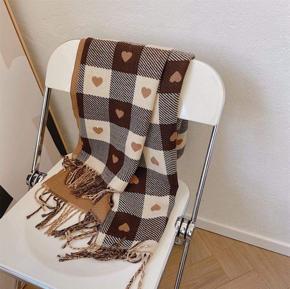 Women's Elegant Plaid Heart Patterned Fringed Imitation Cashmere Scarf