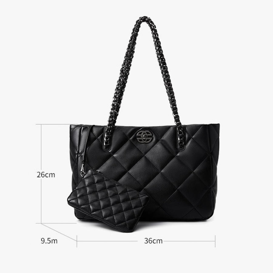 Classic Quilted Genuine Leather Bag - Luxury Chain Strap Tote with Mini Pouch