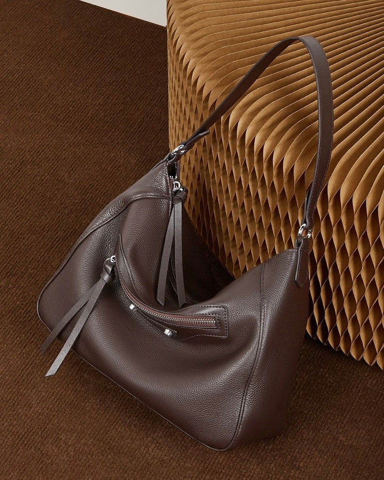 Urban Moto Genuine Leather Bag - Edgy Pebbled Shoulder Hobo with Tassels