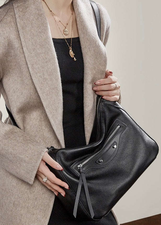 Urban Moto Genuine Leather Bag - Edgy Pebbled Shoulder Hobo with Tassels