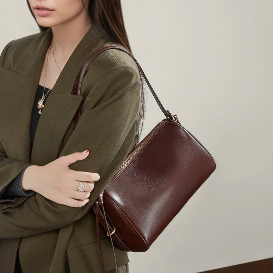 The Modern Cylinder Genuine Leather Bag - Versatile 2-Way Carry Barrel Purse