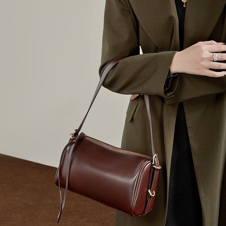 The Modern Cylinder Genuine Leather Bag - Versatile 2-Way Carry Barrel Purse