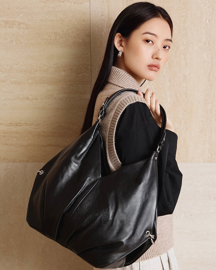 Women's Ruched Genuine Leather Large Tote Hobo Bag