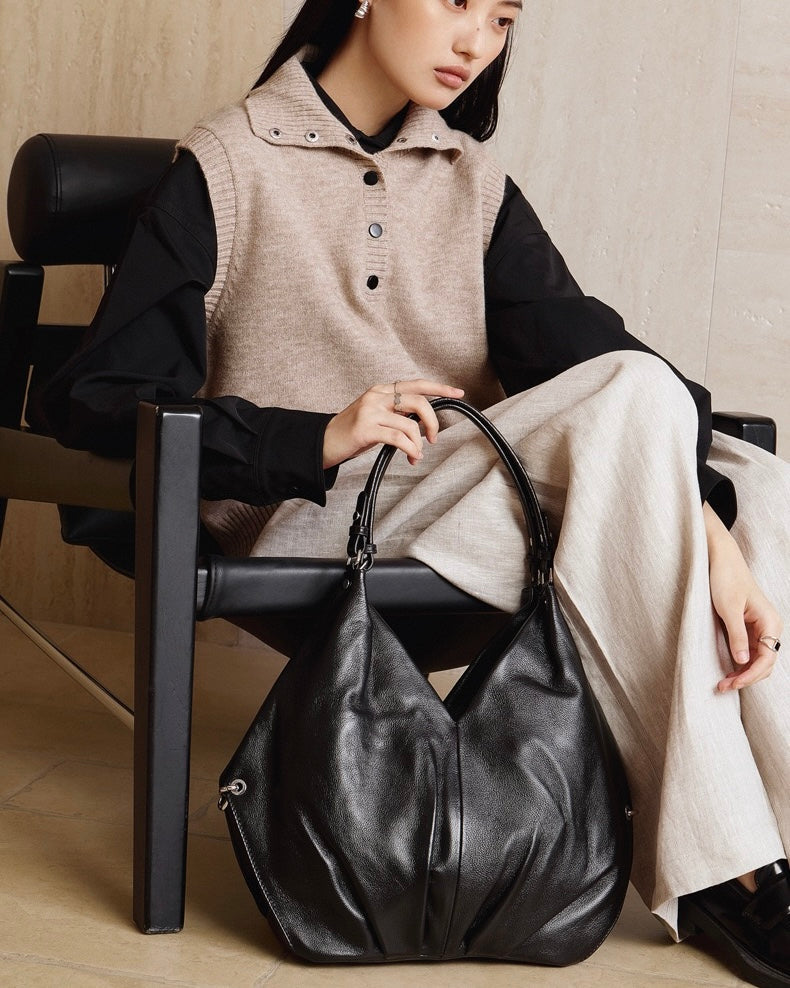 Women's Ruched Genuine Leather Large Tote Hobo Bag
