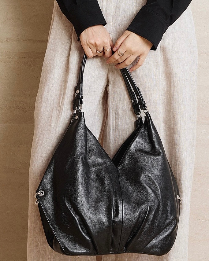 Women's Ruched Genuine Leather Large Tote Hobo Bag