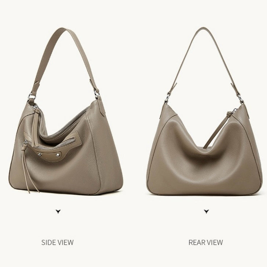 Urban Moto Genuine Leather Bag - Edgy Pebbled Shoulder Hobo with Tassels
