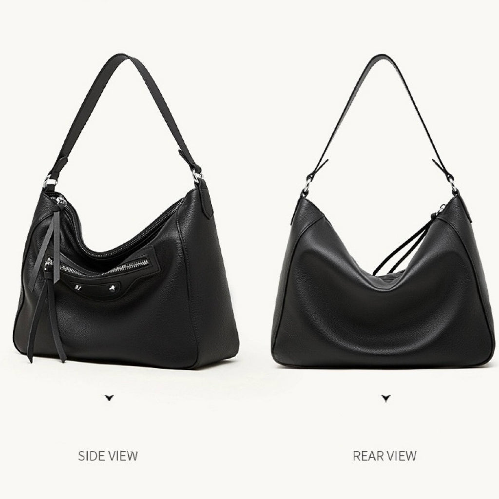 Urban Moto Genuine Leather Bag - Edgy Pebbled Shoulder Hobo with Tassels