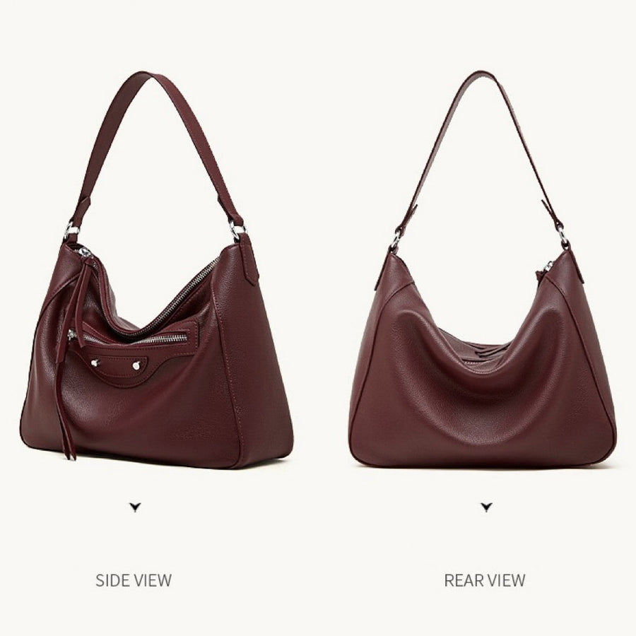 Urban Moto Genuine Leather Bag - Edgy Pebbled Shoulder Hobo with Tassels
