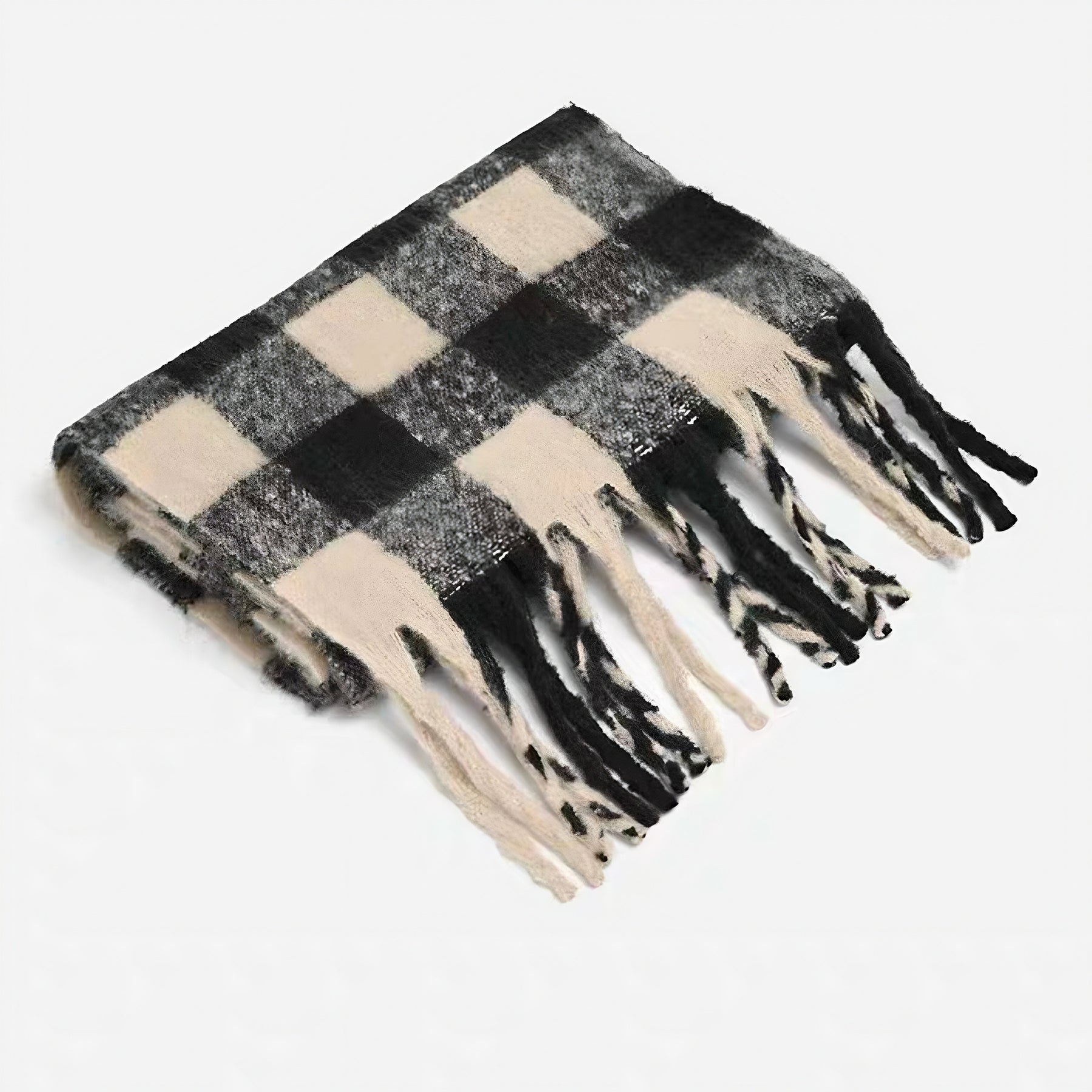 Women's Elegant Black & White Plaid Patterned Fringed Imitation Cashmere Scarf