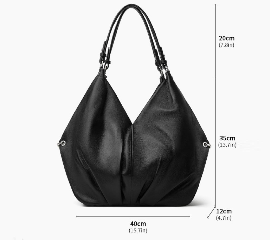 Women's Ruched Genuine Leather Large Tote Hobo Bag