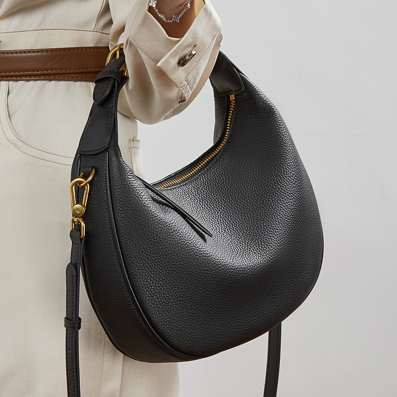 Modern Half-Moon Genuine Leather Bag - Versatile 2-Way Carry Pebbled Hobo