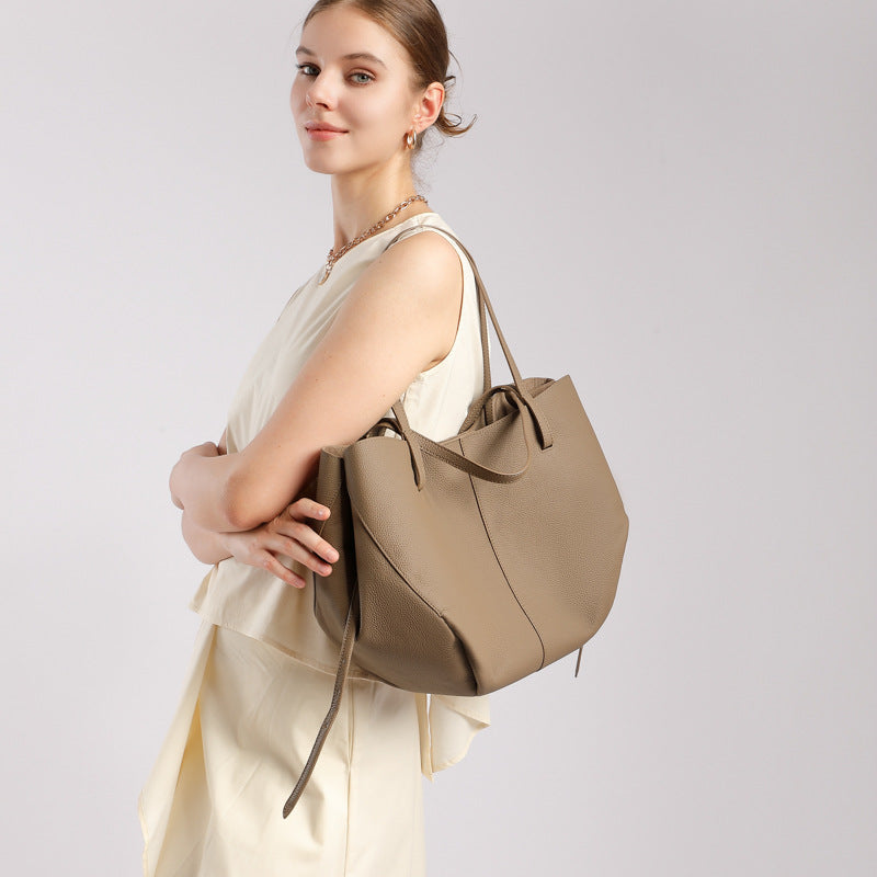 Elegant Genuine Pebbled Leather Tote Bag with Pouch