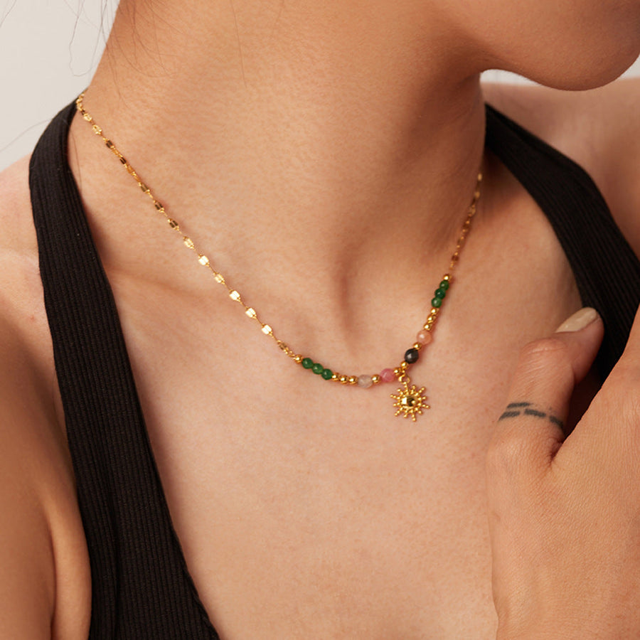 Sun Pendant Natural Stone Beaded Necklace
