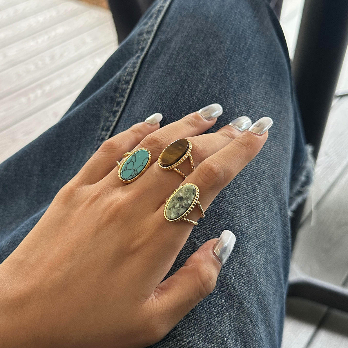 Luxury Oval Turquoise Tiger's Eye Ring (Adjustable)