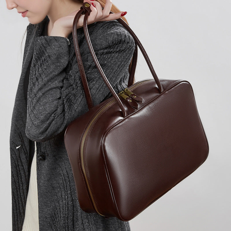 Women's Large Smooth Genuine Leather Bag - Versatile 2-Way Carry Office Work Tote