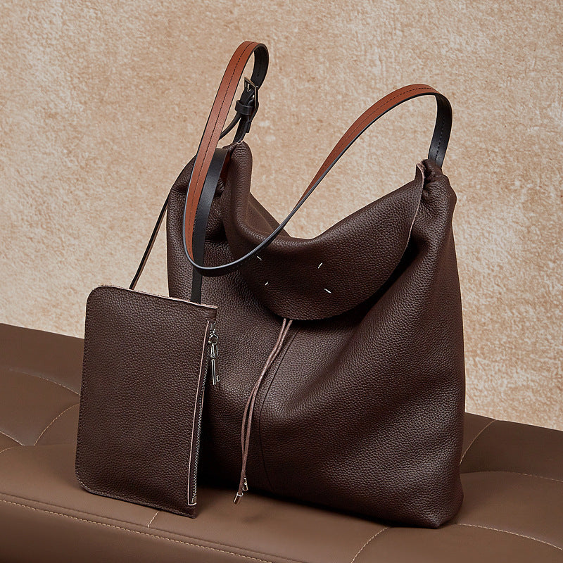 The Nocturne Flow Genuine Leather Tote Bag with Adjustable Strap & Detachable Pouch
