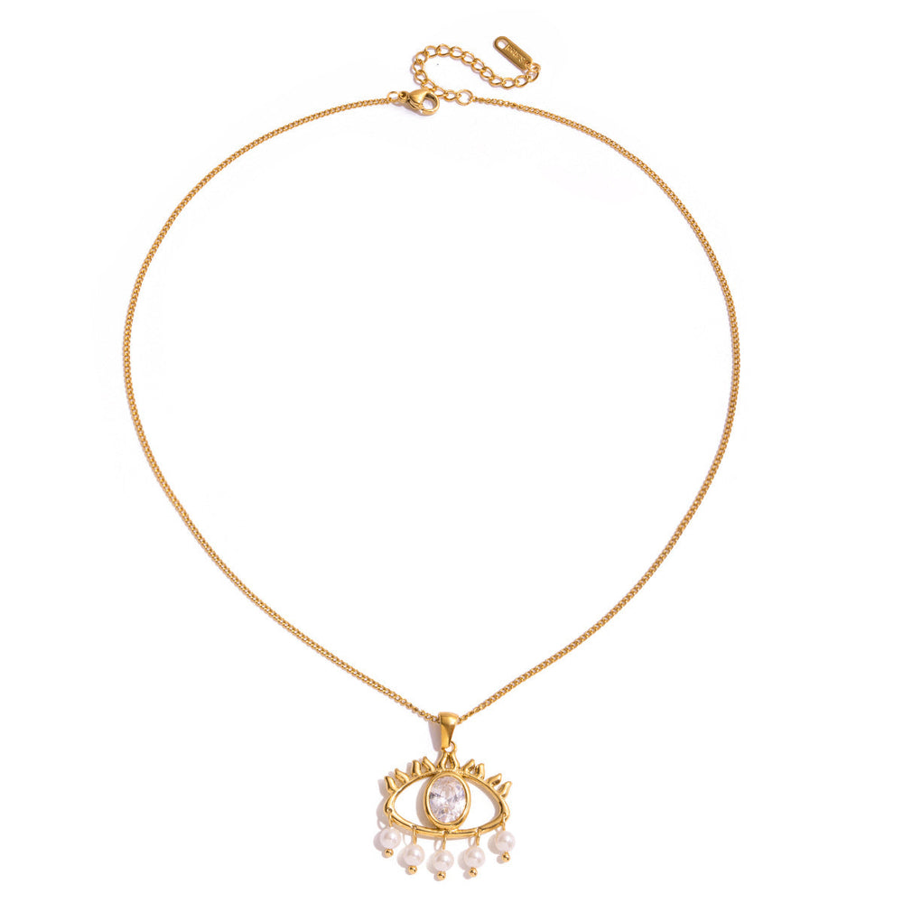 Vintage White Zircon Evil Eye Necklace with Pearls