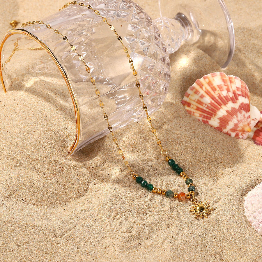 Sun Pendant Natural Stone Beaded Necklace