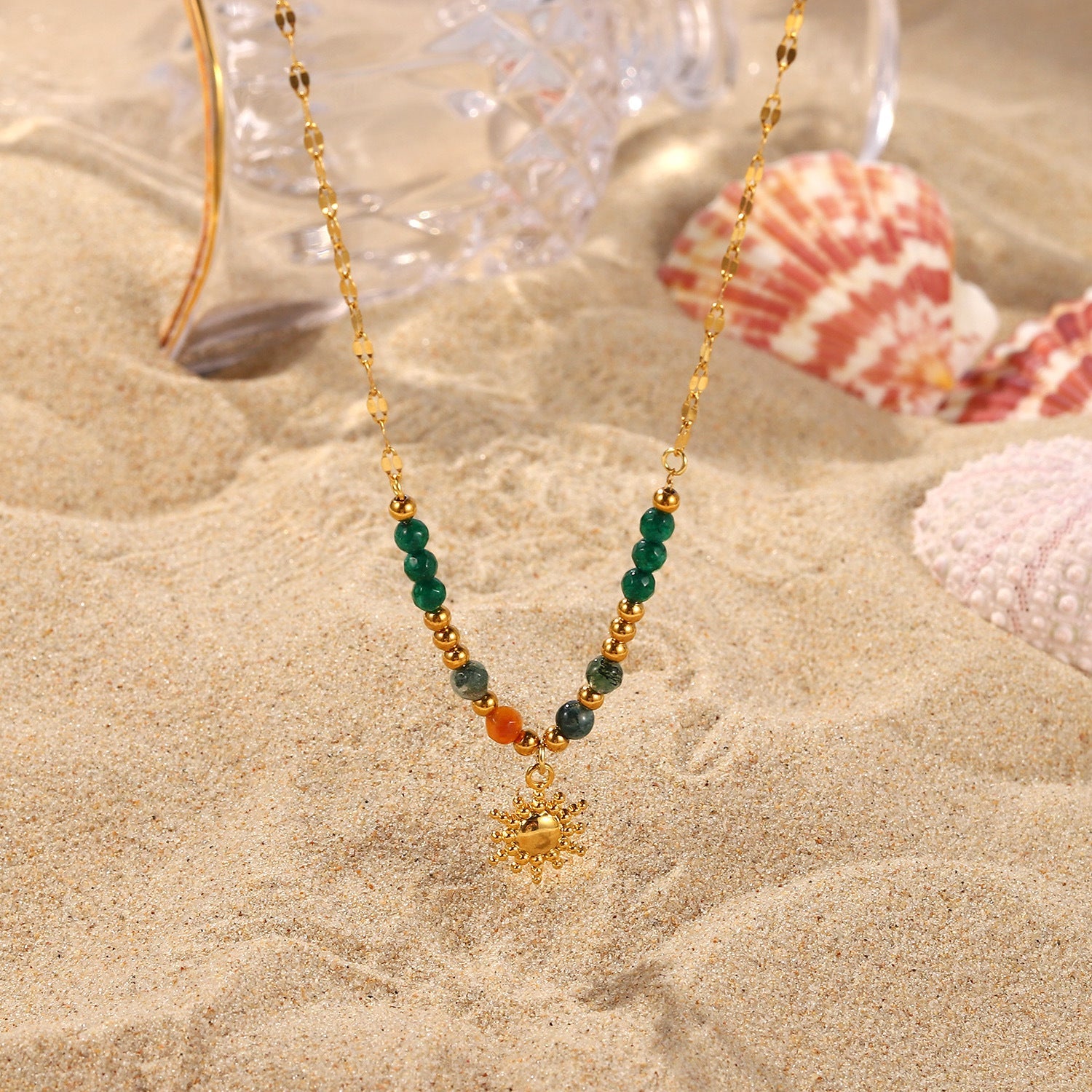 Sun Pendant Natural Stone Beaded Necklace