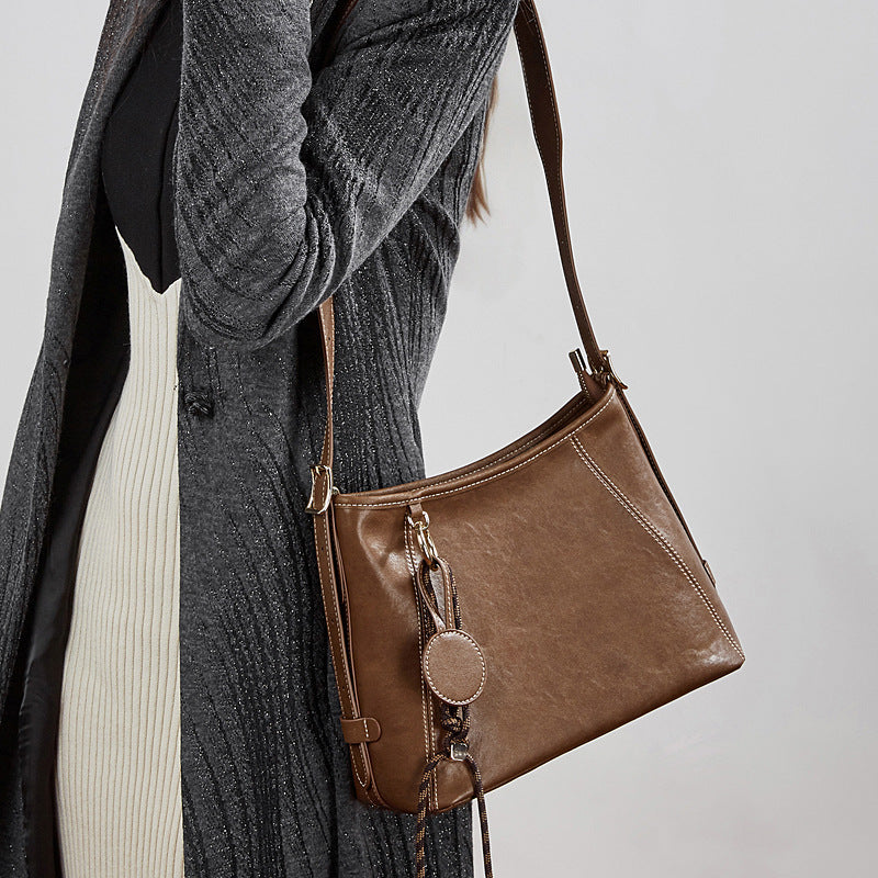 Artisan Stitched Genuine Leather Bag - Vintage Western Shoulder Tote with Tassel
