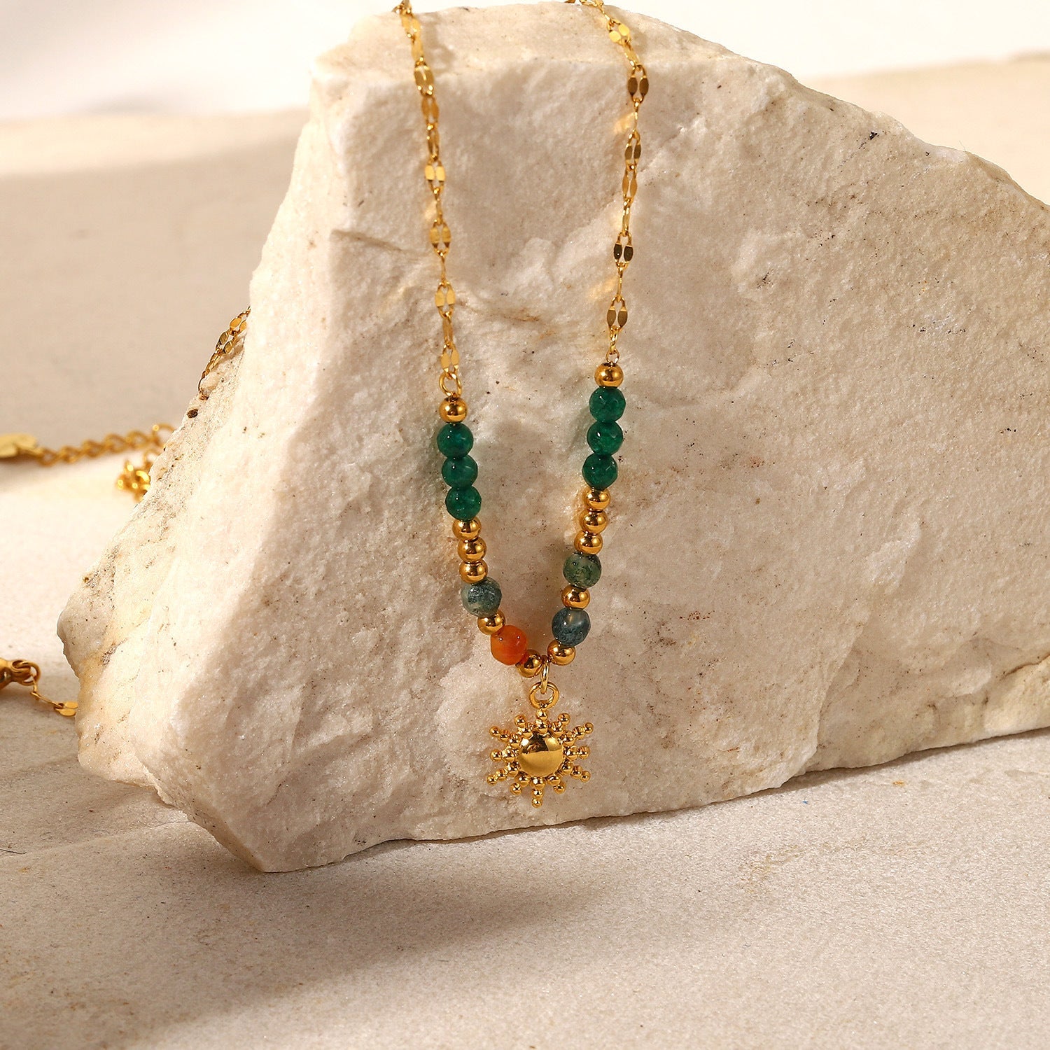 Sun Pendant Natural Stone Beaded Necklace