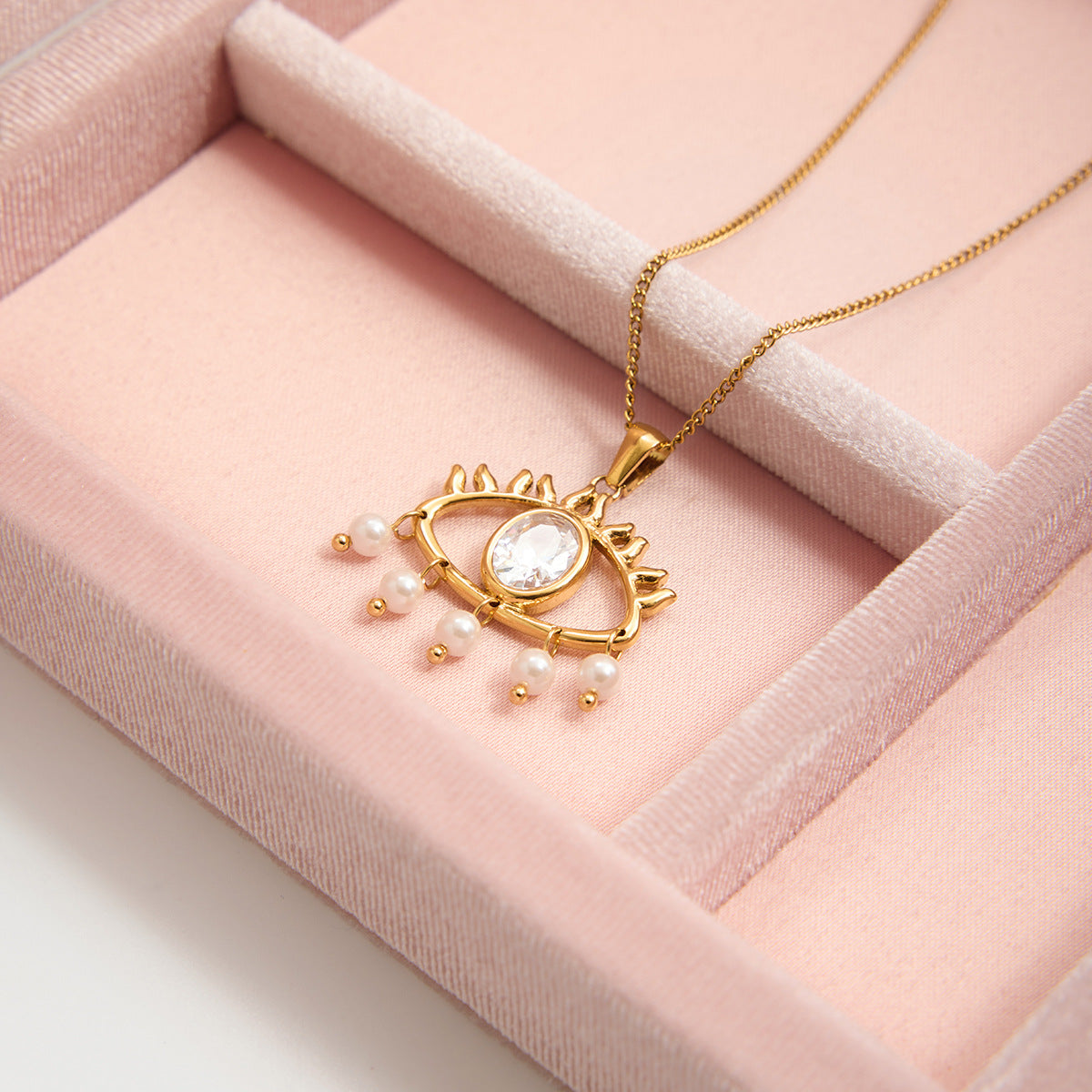 Vintage White Zircon Evil Eye Necklace with Pearls