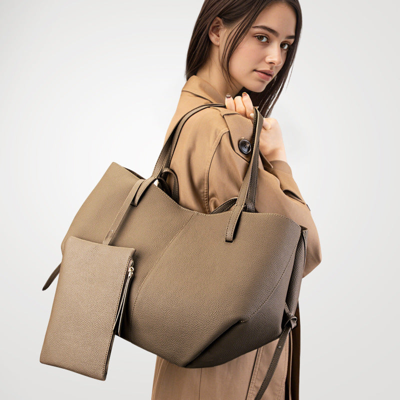 Elegant Genuine Pebbled Leather Tote Bag with Pouch