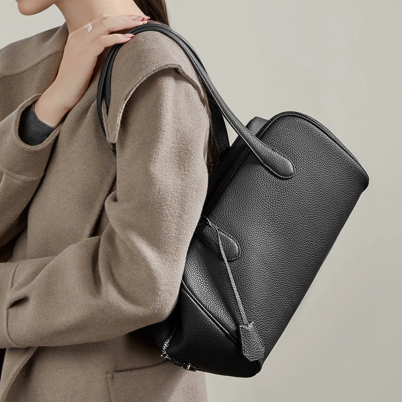 The Modern East-West Genuine Leather Bag | Minimalist Pebbled Bowling Tote