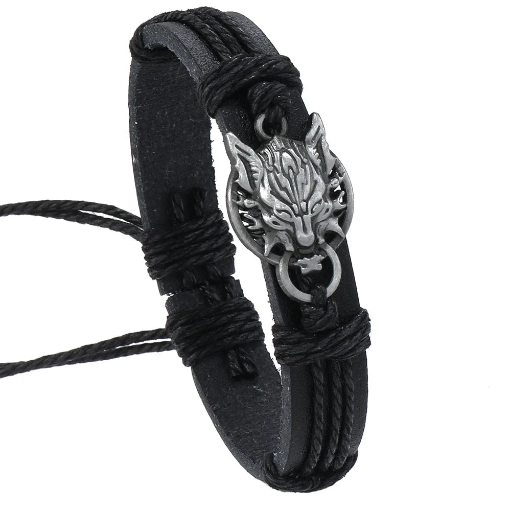 Retro Wolf Head Charm Bracelet Men Hand-woven Leather Bracelets Pull Adjustment Punk Style Simple Jewelry Gift