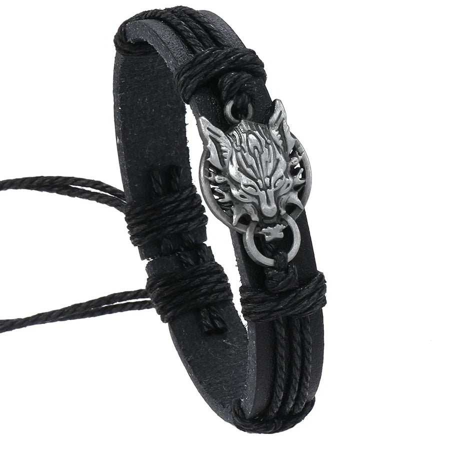Retro Wolf Head Charm Bracelet Men Hand-woven Leather Bracelets Pull Adjustment Punk Style Simple Jewelry Gift