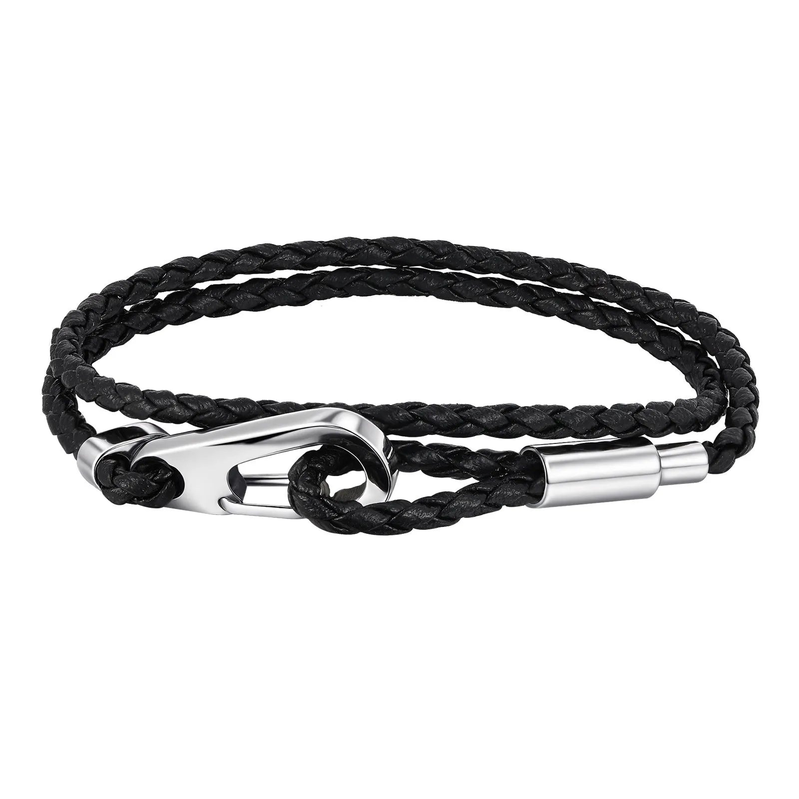 Vnox Double Layered Black Woven PU Leather Bracelets for Men, Stainless Steel Bold Hook Clasp, DIY Available Jewelry