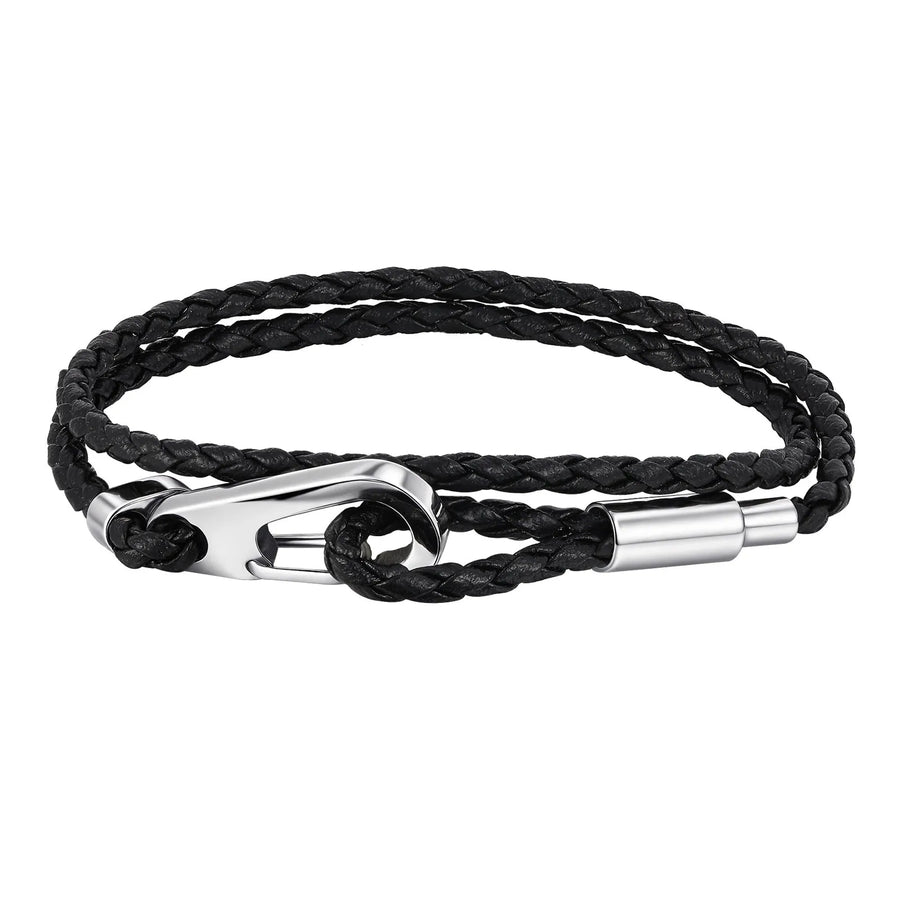 Vnox Double Layered Black Woven PU Leather Bracelets for Men, Stainless Steel Bold Hook Clasp, DIY Available Jewelry