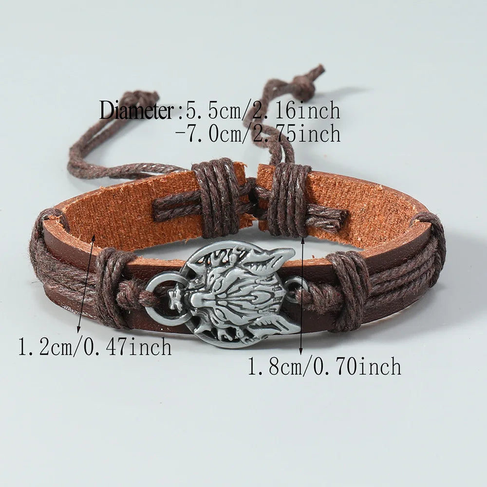 Retro Wolf Head Charm Bracelet Men Hand-woven Leather Bracelets Pull Adjustment Punk Style Simple Jewelry Gift