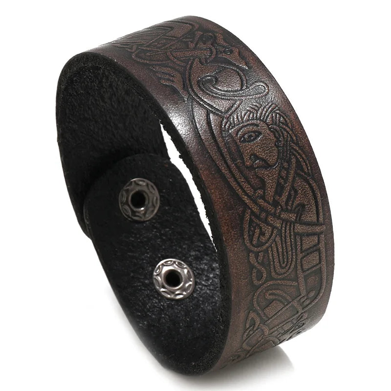 Retro Embossed Totem Pattern Cowhide Leather Wristband Bracelet Handmade Adjustable Bracelet Cowboy Accessories Unisex Jewelry