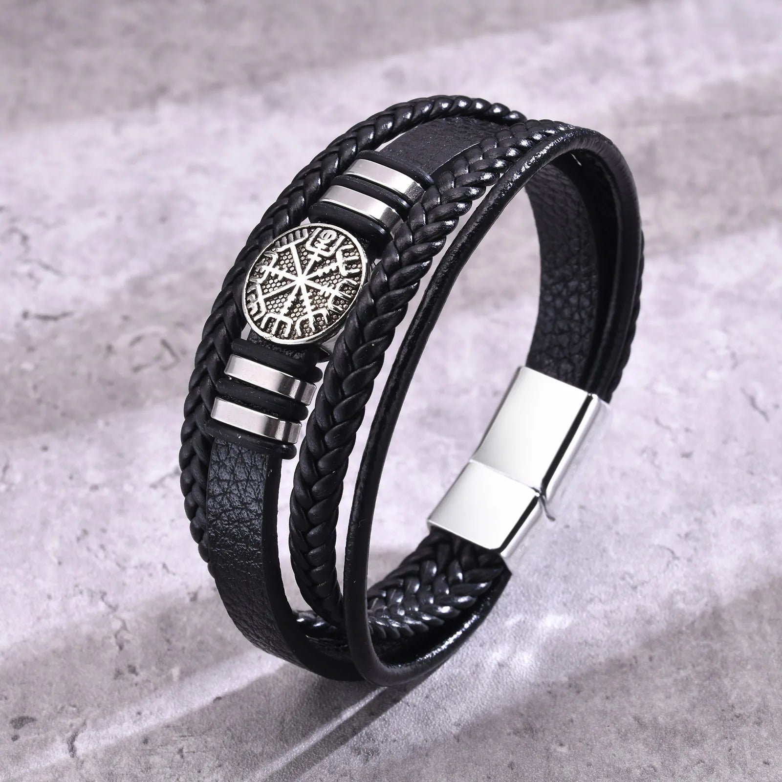 Vnox Norse Viking Bracelets for Men Boys, Black Mens Leather Bracelet Bangle Birthday Christmas Gifts to Father Dad Husband BFF