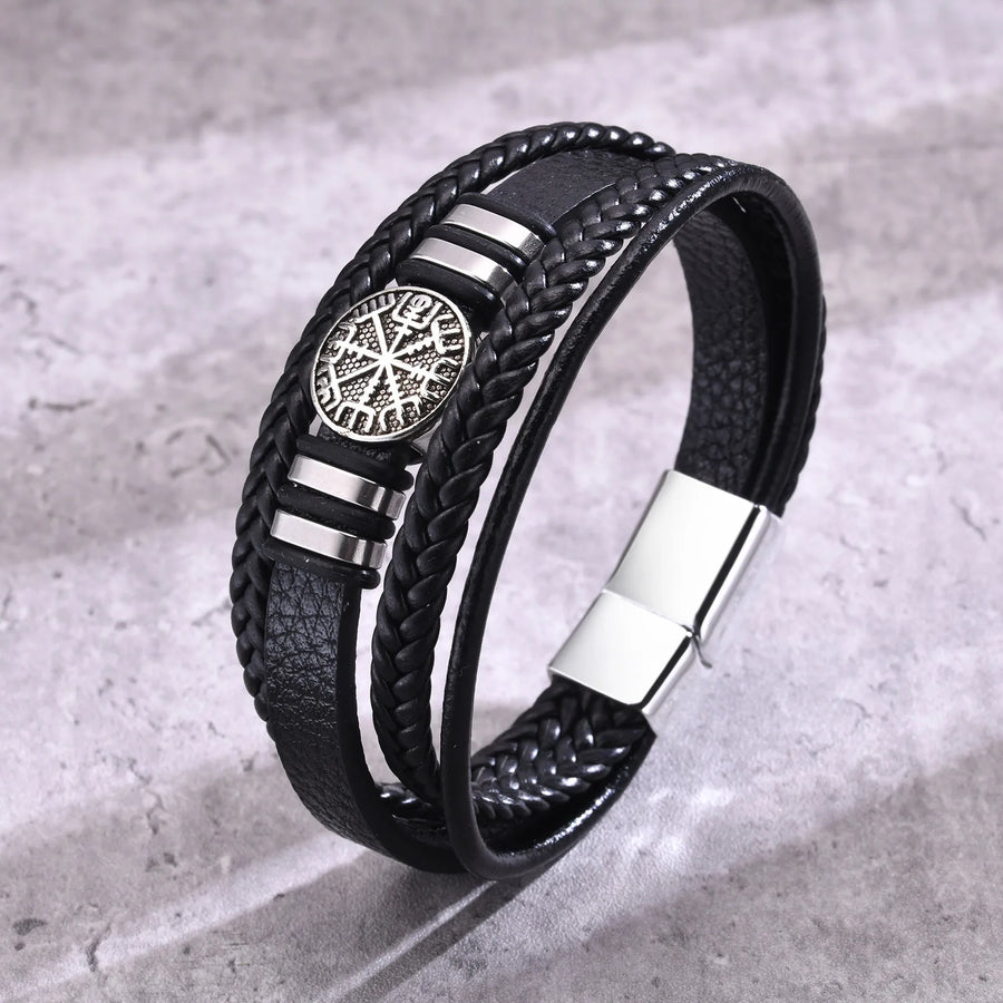 Vnox Norse Viking Bracelets for Men Boys, Black Mens Leather Bracelet Bangle Birthday Christmas Gifts to Father Dad Husband BFF