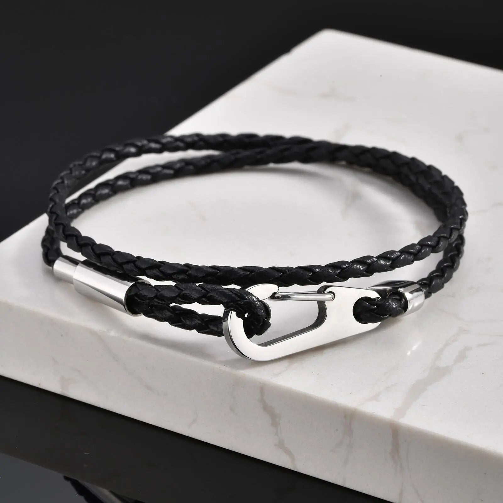 Vnox Double Layered Black Woven PU Leather Bracelets for Men, Stainless Steel Bold Hook Clasp, DIY Available Jewelry