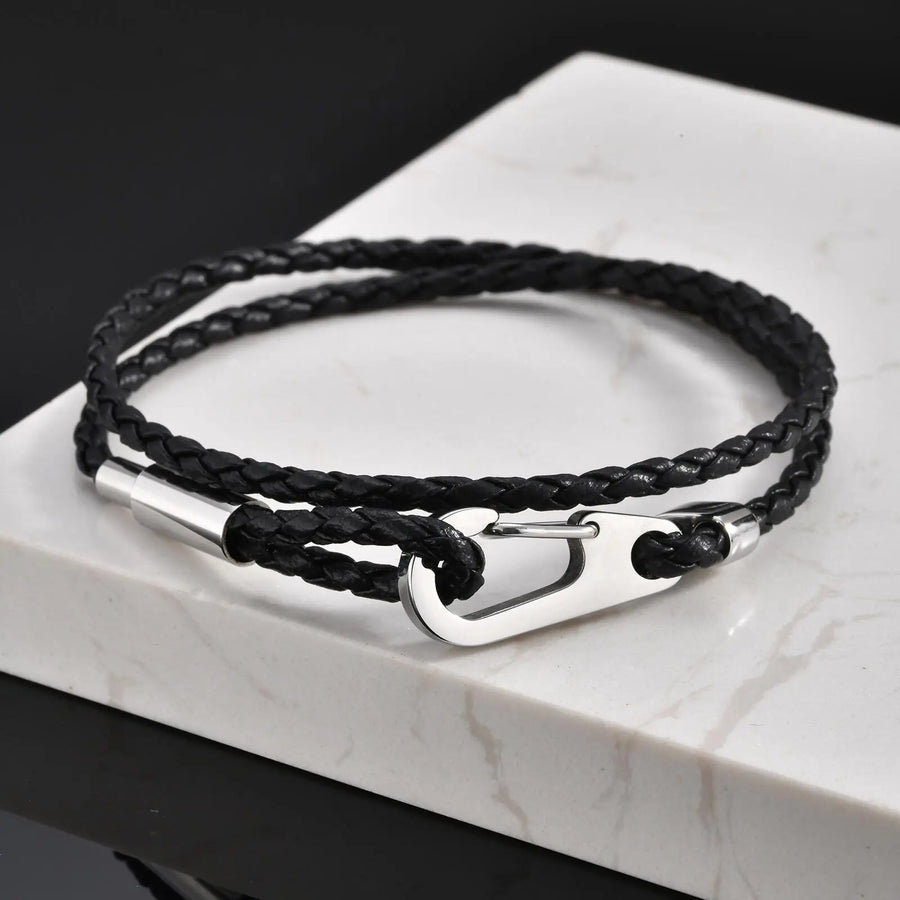 Vnox Double Layered Black Woven PU Leather Bracelets for Men, Stainless Steel Bold Hook Clasp, DIY Available Jewelry