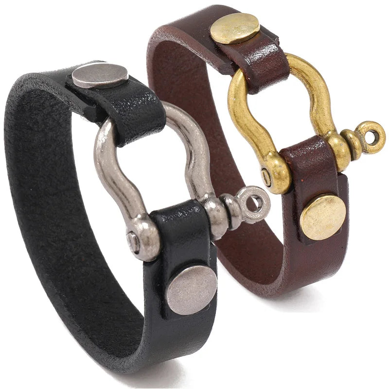 Simple Horseshoe Button Head Layer Cowhide Bracelet European and American Punk Style Men's Leather Bracelets 2023 New Jewelry