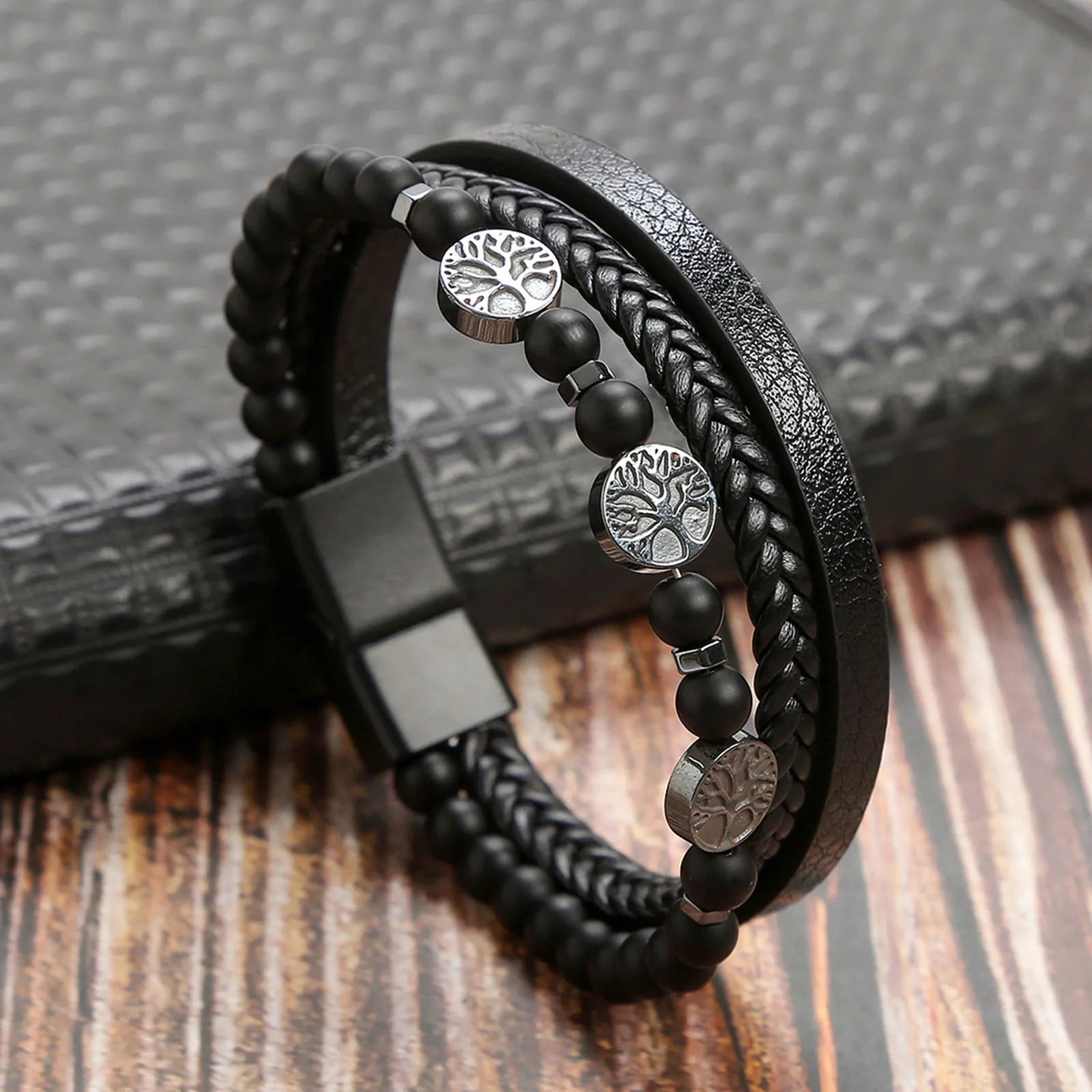Vnox Norse Viking Bracelets for Men Boys, Black Mens Leather Bracelet Bangle Birthday Christmas Gifts to Father Dad Husband BFF