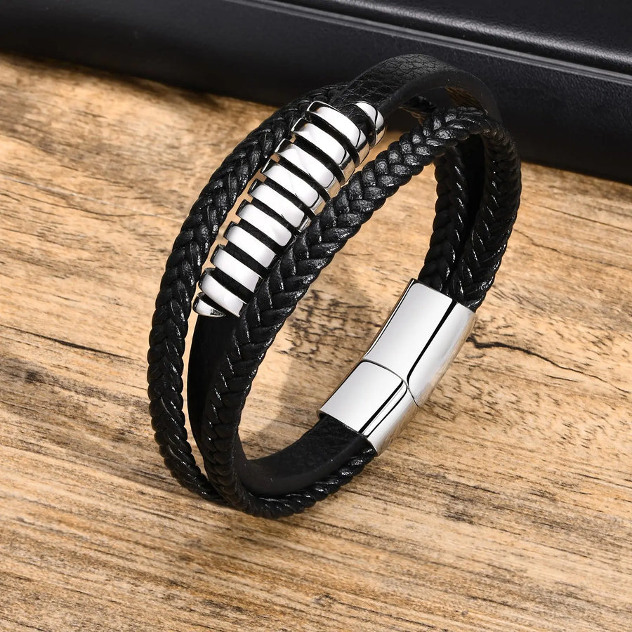 Vnox Norse Viking Bracelets for Men Boys, Black Mens Leather Bracelet Bangle Birthday Christmas Gifts to Father Dad Husband BFF