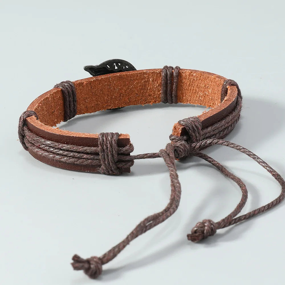 Retro Wolf Head Charm Bracelet Men Hand-woven Leather Bracelets Pull Adjustment Punk Style Simple Jewelry Gift
