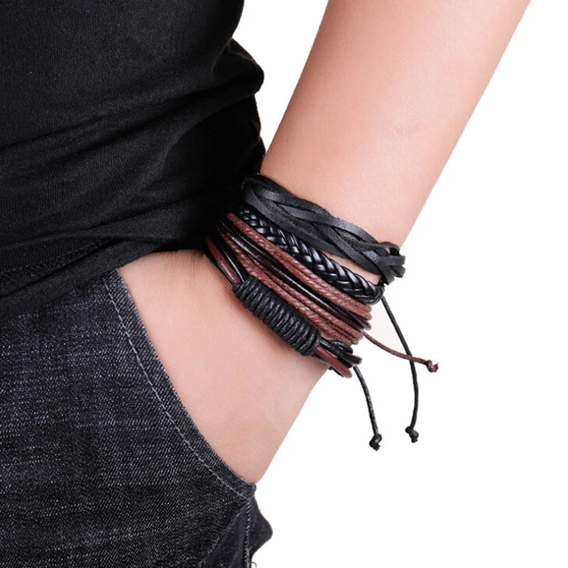 4Pcs/ Set Vintage Punk Braided Wrap Leather Bracelets Men Handmade Wristband Rope Bracelet Jewelry Gift Wrap Bracelets & Bangles
