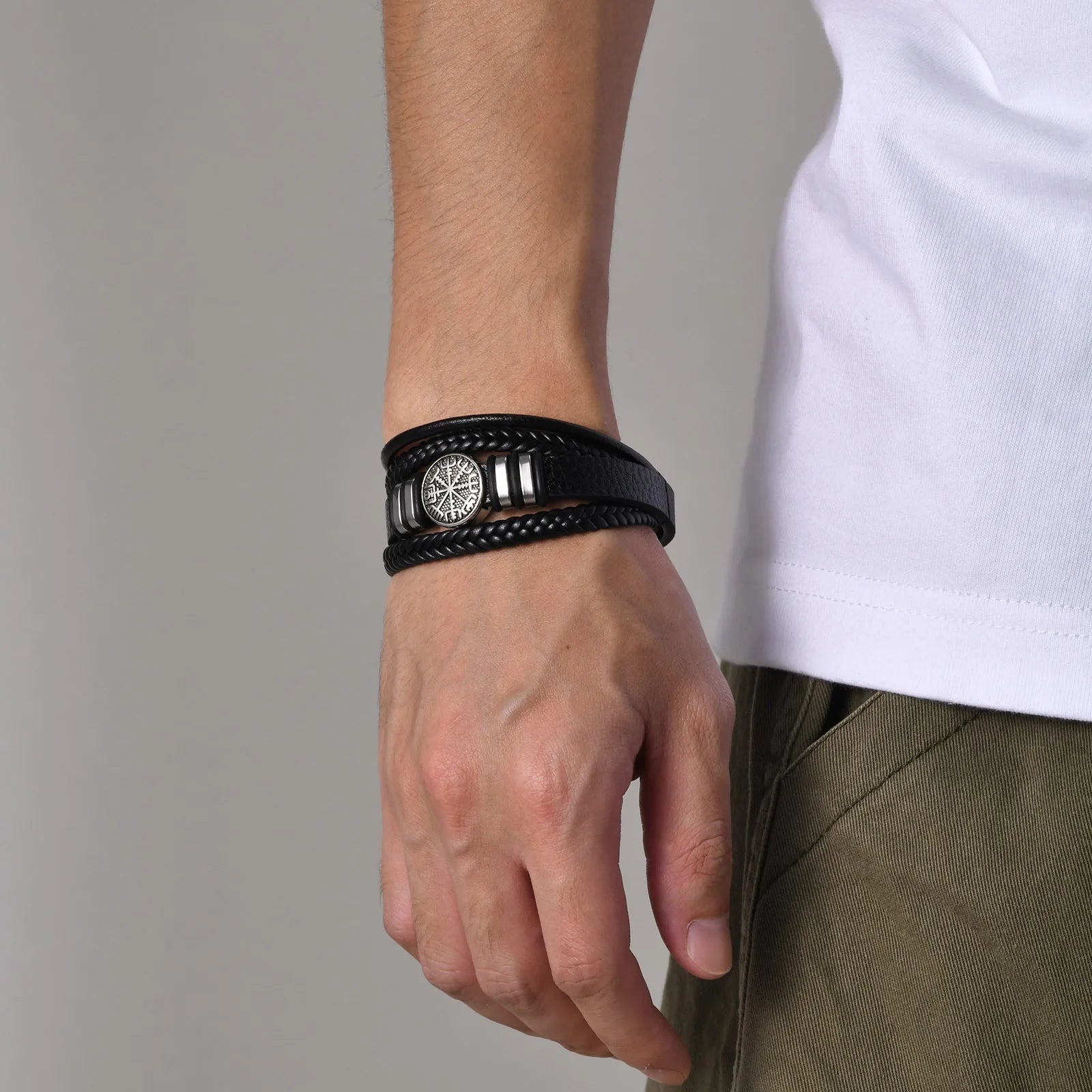Vnox Norse Viking Bracelets for Men Boys, Black Mens Leather Bracelet Bangle Birthday Christmas Gifts to Father Dad Husband BFF
