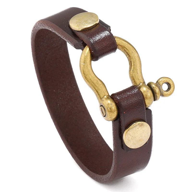 Simple Horseshoe Button Head Layer Cowhide Bracelet European and American Punk Style Men's Leather Bracelets 2023 New Jewelry